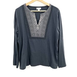 J. Jill embroidered boho Scandi-chic top gray quiet luxury Earthy folk blouse L